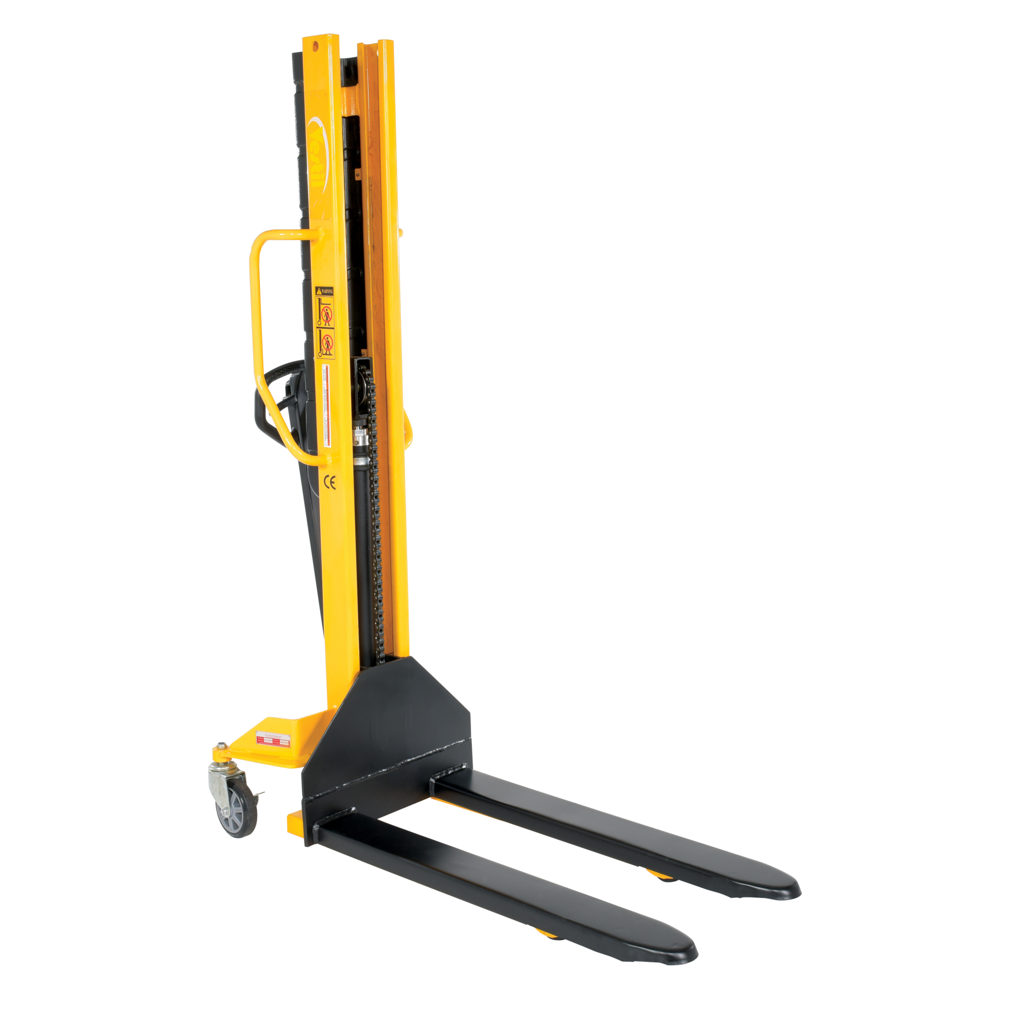 Vestil Steel Manual Stacker — 1,000-Lb. Capacity, Narrow Mast, Fixed Forks/Legs, Black/Yellow, Model# VHPS-NM-1000-FF